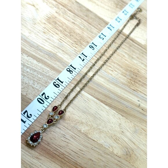 Gold-Tone Red Teardrop & Clear Crystal Pendant Necklace By Charter Club 18" Adju - Picture 4 of 8